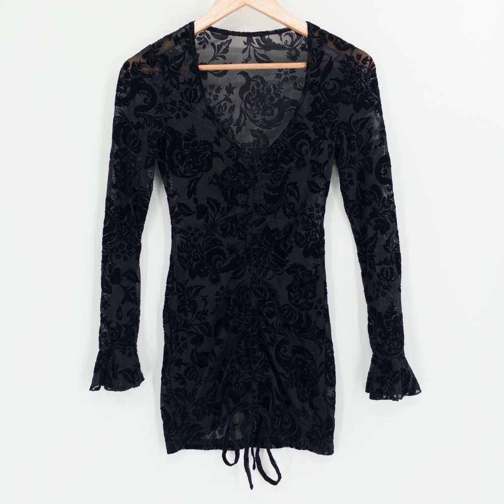 Whimsigoth Burnout Velvet Dress Women XS Black Ruched Witchy Goth Mini Dark